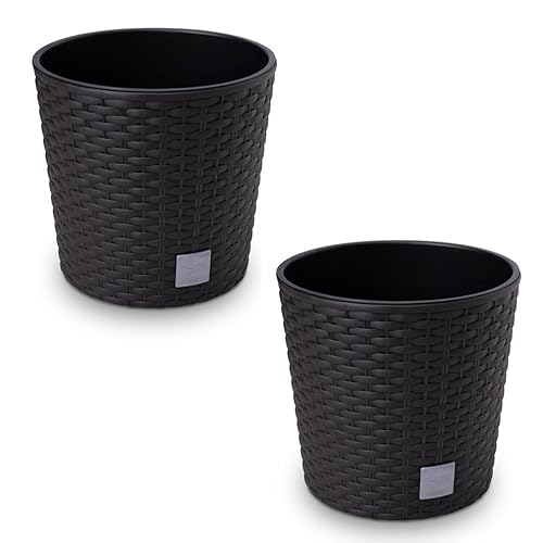 HappyFlower 2er Set Blumentopf mit Einsatz Rund Rattan Optik (Höhe 27 cm - Ø 30 cm, Braun) von HappyFlower