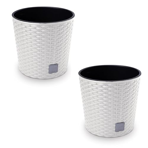 HappyFlower 2er Set Blumentopf mit Einsatz Rund Rattan Optik (Höhe 37,5 cm - Ø 40 cm, Weiß) von HappyFlower