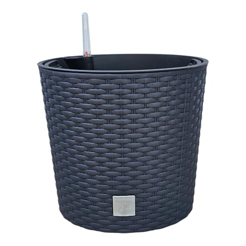 HappyFlower Blumentopf rund mit Innentopf – Pflanzkübel aus Kunststoff in Rattan-Optik, für Innen & Außen, Übertopf Verschiedene Größen & Farben erhältlich, (Äußerer ∅ Oben 25 cm, Anthrazit) von HappyFlower