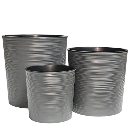 HappyFlower Set mit 3 Größen Blumentopf Pflanzkübel inkl. Einsatz rund Meißel-Optik Übertöpfe (Graphit (Anthrazit) 3er Set) von HappyFlower