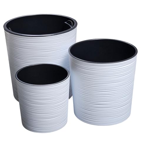 HappyFlower Set mit 3 Größen Blumentopf Pflanzkübel inkl. Einsatz rund Meißel-Optik Übertöpfe (Weiß 3er Set) von HappyFlower