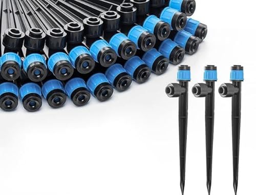 30 Stück Tropfbewässerungsstrahler – Push-to-Quick Connect an 6,35 mm Rohr – verstellbare 360-Grad-Tropfer Emitter Vortex auf 14,7 cm Heringen – Gartenbewässerungssystem (blaue Strahler Vortex-30 von HappyGo