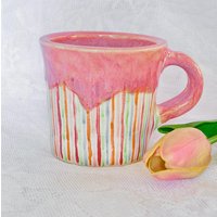 Vorbestellung Sommerzeit Streifen Handgemachte Keramik-Tasse-Handgemachte Ton Tasse-Streifen Tasse Handgemacht-Süße Gestreifte Tasse-Rosa von HappyLilBear