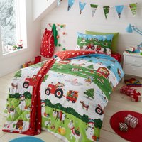 Hlc Mädchen Jungen Kinder Weihnachten Festliche Bauernhof Tiere Grün Bettbezug Bettwäsche von HappyLinenCompany