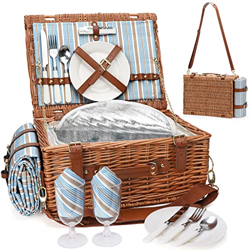 Picknick-Kühlkorb-Set für 2 Personen mit großer wasserdichter Picknickdecke, Besteckservice und verstellbarem Gurt von HappyPicnic
