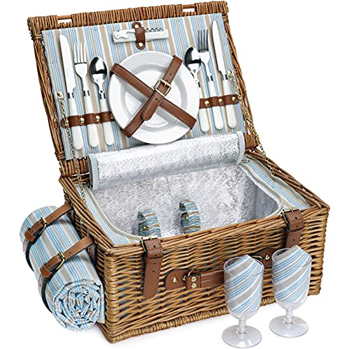 Picknickkorb Set für 2 Personen, Weidenkorb mit großem isoliertem Kühlfach, wasserdichter Decke und Besteck-Service-Kit, klassisch braun von HappyPicnic