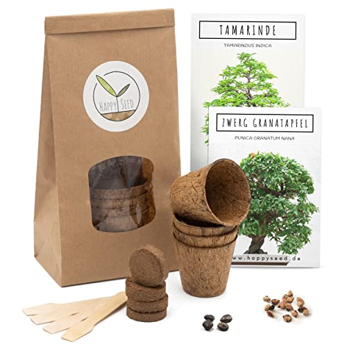 HappySeed Bonsai Starter Kit Anzuchtset inkl. GRATIS eBook - Pflanzset aus Kokostöpfen, Samen & Erde - nachhaltige Geschenkidee für Pflanzenfreunde (Zwerg-Granatapfel + Tamarinde) von HappySeed