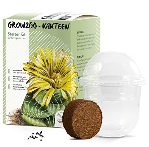 GROW2GO Kakteen Starter Kit Anzuchtset - Pflanzset aus Mini-Gewächshaus, Kaktus Samen & Erde - nachhaltige Geschenkidee für Pflanzenfreunde (Echter Tigerrachen) von HappySeed