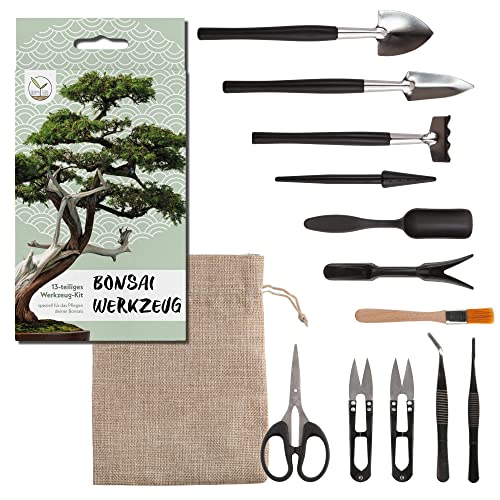 HappySeed Bonsai Werkzeug-Set 13-teilig mit praktischem Aufbewahrungsbeutel - Mini Gartenwerkzeug für Zimmerpflanzen und eine professionelle Bonsai-Zucht von HappySeed