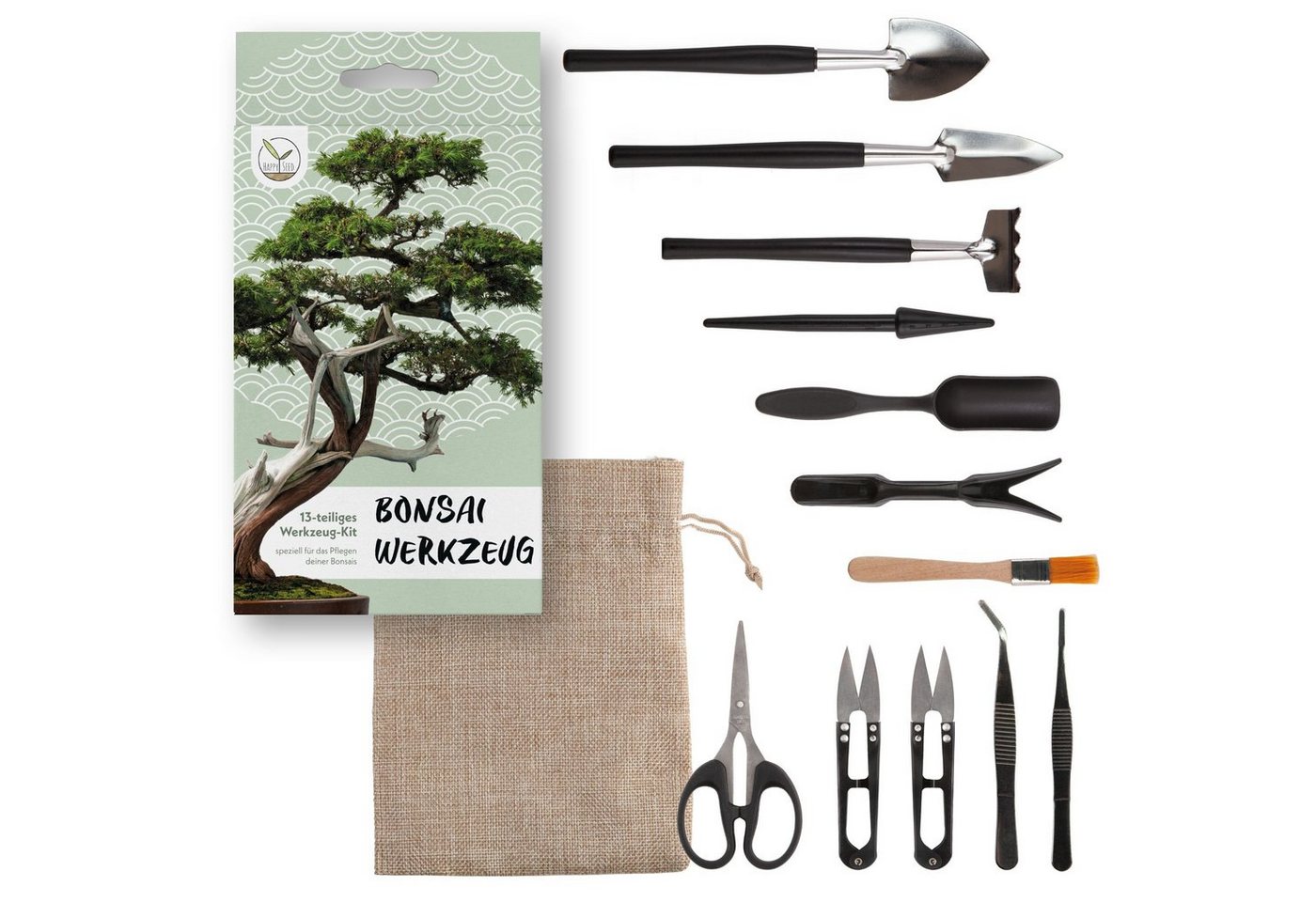 HappySeed Gartenpflege-Set Bonsai Werkzeug-Set 13-teilig mit praktischem Aufbewahrungsbeutel von HappySeed
