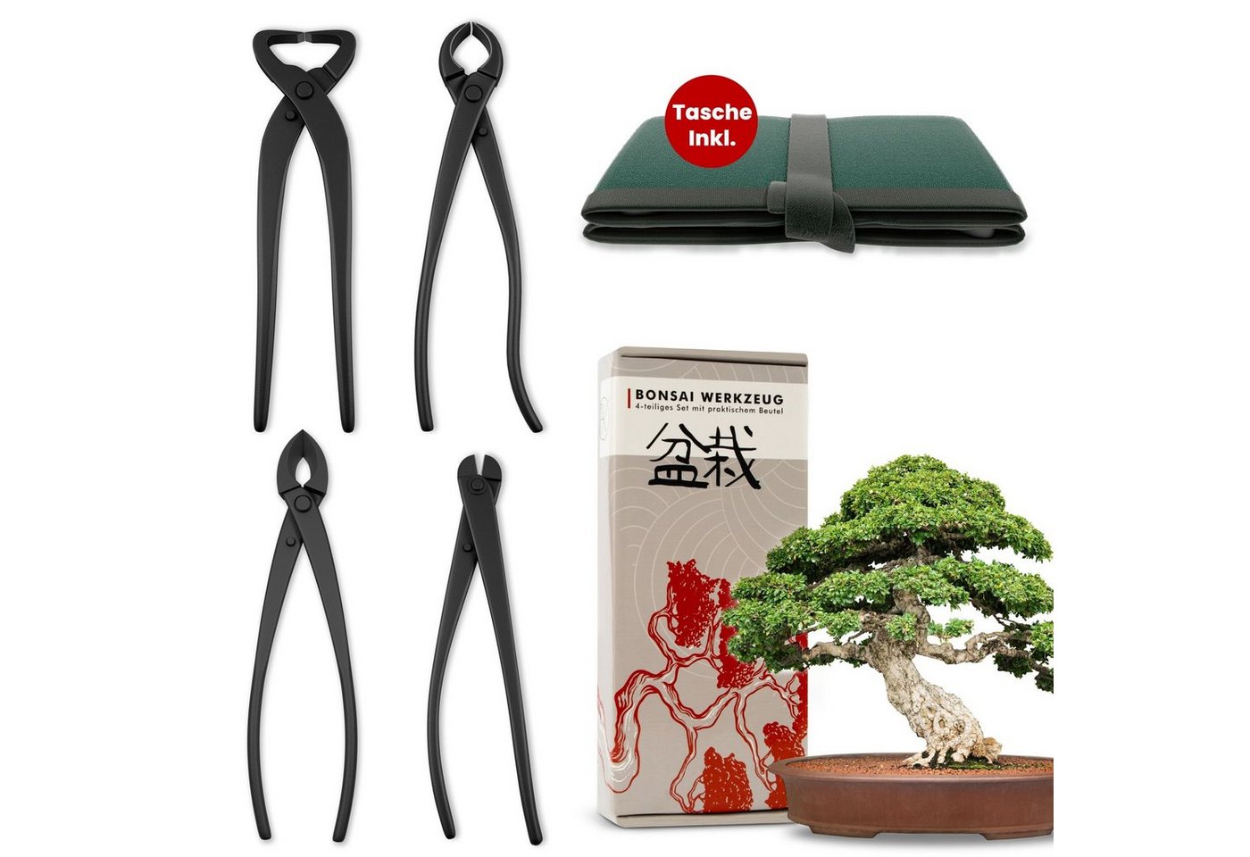 HappySeed Gartenschere Bonsai Werkzeug-Set Profi 4-teilig aus Stahl mit praktischer Tasche, (4-teilig) von HappySeed