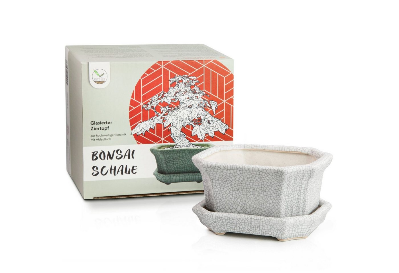 HappySeed Pflanzschale Bonsai Schale aus Keramik mit Untersetzer in Grau - 11 x 6,5 x 9 cm von HappySeed