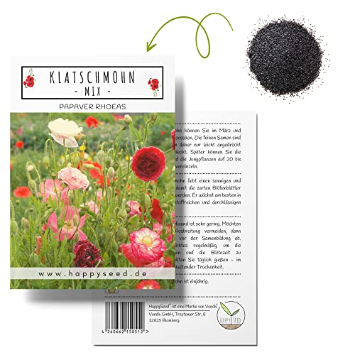 Klatschmohn Samen (Papaver rhoeas) - Wunderschön blühende Mohnblumen mit langer Blütezeit für eine bunte Blumenwiese (Mix) von HappySeed