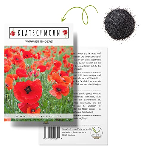 Klatschmohn Samen (Papaver rhoeas) - Wunderschön blühende Mohnblumen mit langer Blütezeit für eine bunte Blumenwiese (Rot) von HappySeed