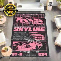 Area Rug, Jdm Racecar Rug Gtr R34 Skyline Japanese Car Culture Black & Pink, Room Decor von HappyWallsArtGallery