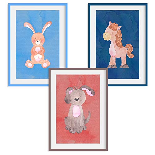 HappyWords® 3er Bilder Set - DIN A4 ohne Bilderrahmen | Bilder für Kinderzimmer & Bilder Babyzimmer | Junge Mädchen Baby | Kinder-Poster | Tiere Kinderbilder Kinderzimmer | 3er Set Hase Hund Pferd von HappyWords