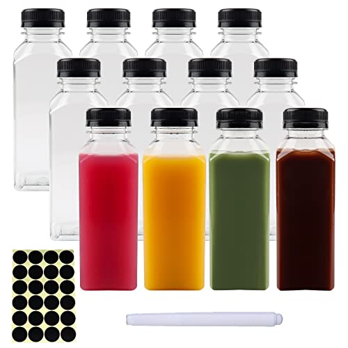 12oz Saftflasche, Happybase 360 ml Kunststoff-Saftflaschen mit manipulationssicherem Deckel, leere, wiederverwendbare Flaschen für Smoothie, Saft und andere Getränke (1 Stift, 24 Etiketten) von Happybase