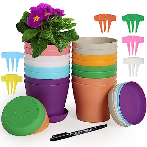 Happybase Blumentöpfe, 16pcs 5.5 inch Kunststoff-Blumentöpfe mit Untertassen, Blumentöpfe, Pflanzgefäße und 16 Etiketten für Innen- und Außenpflanzen, Gartenarbeit von Happybase