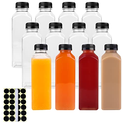 Happybase Kunststoff-Saftflaschen, 12 Stück 500 ml Saftflaschen mit Kappen, wiederverwendbare Getränkebehälter mit schwarzem Deckel, hausgemachte Getränke (1 Stift, 24 Etiketten) von Happybase
