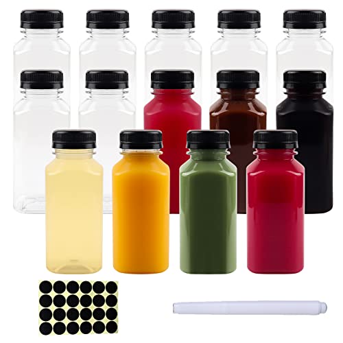 Happybase Kunststoff-Saftflaschen mit Kappen, 240 ml Saftflaschen, wiederverwendbare Getränkebehälter mit schwarzem Deckel, hausgemachte Getränke (1 Stift, 24 Etiketten) von Happybase