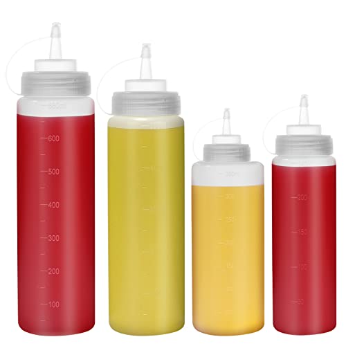 Happybase Quetschflaschen mit Kappen, 4 Stück, 237 ml, 340 ml, 473 ml, 625 ml, Kunststoff-Quetschspender mit Messungen für Ketchup, Grill, Saucen, Sirup, Dressings von Happybase