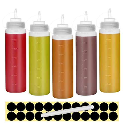 Happybase 22oz Quetschflaschen mit Kappen, 680ml 5 Stück Quetschflaschen aus Kunststoff, mit Maßangaben für Ketchup, Grill, Saucen, Sirup, Dressings (24 Schwarze Etiketten, 1 Stift) von Happybase