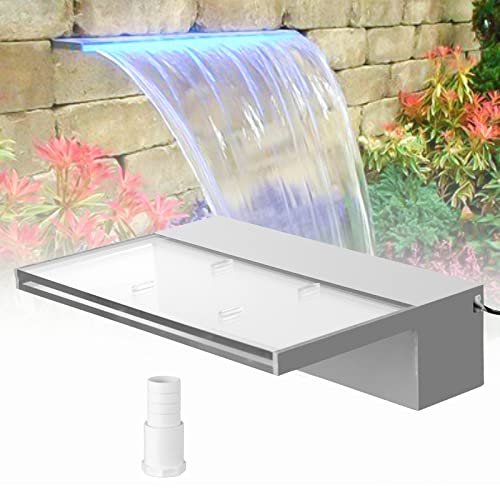 Happybuy Pool Wasserfall Spillway 11,8x3,2x8,1 Zoll, PoolBrunnen Blauer Streifen LED-Licht, Acryl Wasserfall Pool Brunnen mit Wasserrohr, Pool Wasserfall für Gartenteich, Schwimmbad, Plätze, Silber von Happybuy