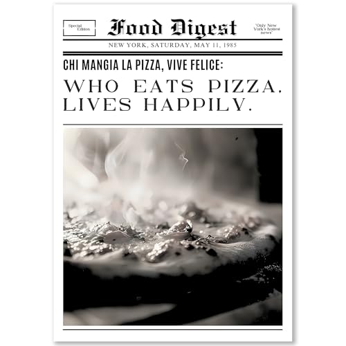 Happymotive – Poster im Zeitungsstil Vintage A4 | Wandbilder im Retro-Design | Typografie | Wanddeko für Wohnzimmer, Büro & Schlafzimmer | Premium Druck auf 300g Papier (Pizza lives happily) von Happymotive