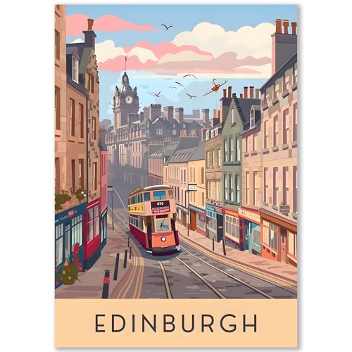 Happymotive Städteposter | Edinburgh Retro Poster Vintage | Schlafzimmer Deko Bild im Hochformat | Bilder Wohnzimmer | Kunstdrucke in A2 40x60, A3 30x40, A4 20x30 300g Papier ohne Rahmen von Happymotive