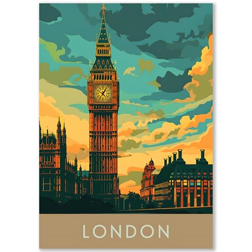 Happymotive Städteposter | London Retro Poster Vintage | Schlafzimmer Deko Bild im Hochformat | Bilder Wohnzimmer | Kunstdrucke in A2 40x60, A3 30x40, A4 20x30 300g Papier ohne Rahmen von Happymotive