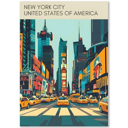 Happymotive Städteposter | NewYork Retro Poster Vintage | Schlafzimmer Deko Bild im Hochformat | Bilder Wohnzimmer | Kunstdrucke in A2 40x60, A3 30x40, A4 20x30 300g Papier ohne Rahmen von Happymotive