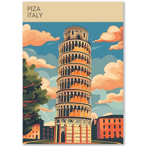 Happymotive Städteposter | Pisa Retro Poster Vintage | Schlafzimmer Deko Bild im Hochformat | Bilder Wohnzimmer | Kunstdrucke in A2 40x60, A3 30x40, A4 20x30 300g Papier ohne Rahmen von Happymotive