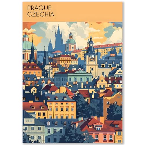 Happymotive Städteposter | Prag Retro Poster Vintage | Schlafzimmer Deko Bild im Hochformat | Bilder Wohnzimmer | Kunstdrucke in A2 40x60, A3 30x40, A4 20x30 300g Papier ohne Rahmen von Happymotive