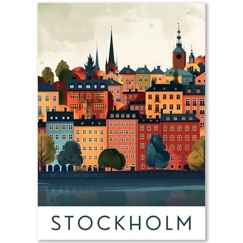 Happymotive Städteposter | Stockholm Retro Poster Vintage | Schlafzimmer Deko Bild im Hochformat | Bilder Wohnzimmer | Kunstdrucke in A2 40x60, A3 30x40, A4 20x30 300g Papier ohne Rahmen von Happymotive