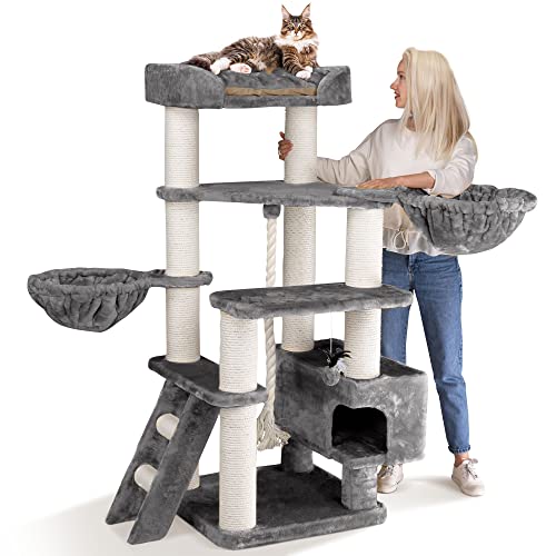 HAPPYPET Kratzbaum Grosse Katzen stabil 'Jacob' - 156 cm hoch, Kletterbaum XXL, 47 kg Premium Qualität, 12 cm Dicke Stämme, Liegemulde & Höhle, geprüftes Holz, schwere Katzen Maine Coon, Grau von Happypet