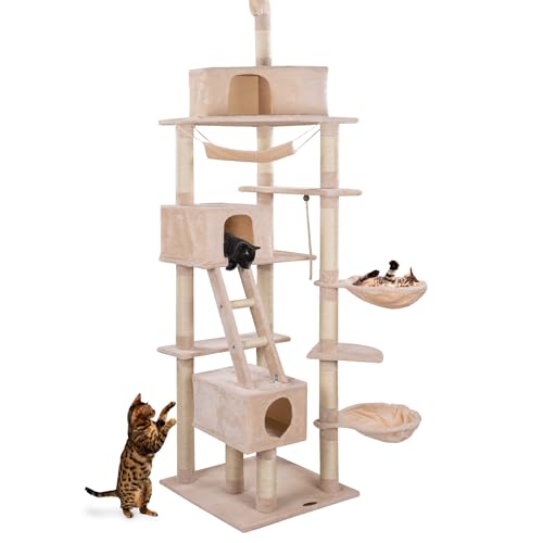 HAPPYPET Kratzbaum deckenhoch 260 cm hoch, höhenverstellbar von 230-260 cm, großer XXL Kletterbaum Katzenbaum für Katzen, 8 cm stabile Säulen mit Sisal, Häuser mit Treppen Liegemulden, Beige von Happypet