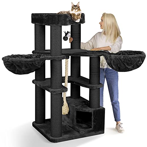 HAPPYPET Kratzbaum für große Katzen 'Oscar' - 161 cm Premium Katzenbaum stabil 47 kg, 12 cm Dicke Stämme für schwere Katzen Maine Coon, 600g Plüsch, geprüftes Holz, Anthrazit von Happypet