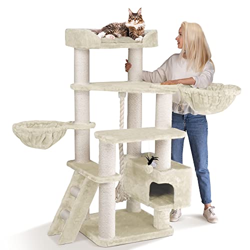 HAPPYPET Kratzbaum Grosse Katzen stabil 'Jacob' - 156 cm hoch, Kletterbaum XXL, 47 kg Premium Qualität, 12 cm Dicke Stämme, Liegemulde & Höhle, geprüftes Holz, schwere Katzen Maine Coon, Creme von Happypet