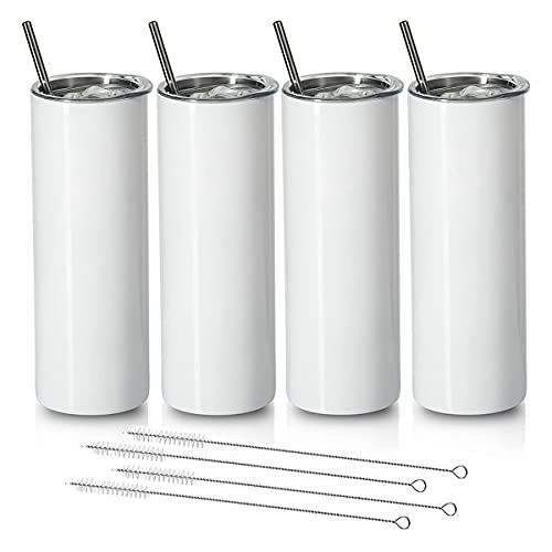 Happysnow Sublimations Becher 20 Oz Schlank Gerade,Edelstahl Sublimation Rohlinge Skinny,Mit Deckel und Stroh Halm,4 Packungen von Happysnow