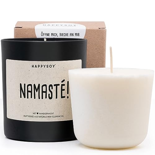 Duftkerze + Refill Wachs - Namaste Duftkerze im Glas mit Spruch aus Soja natürlich handgemacht - nachhaltig persönlich Geschenk Geschenkidee für beste Freundin Mama Freund zum Geburtstag - Yoga von Happysoy