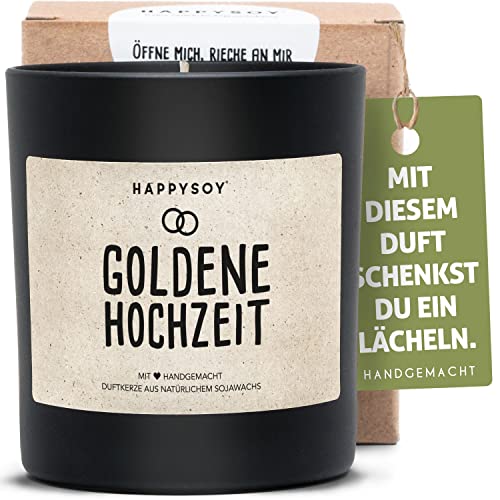 Goldene Hochzeit Duftkerze im Glas mit Spruch aus Soja 100% natürlich handgemacht nachhaltig persönliches Geschenk personalisierte Geschenkidee Oma Opa Papa Mama Ehepaar Gold 50 Jahre Ehepaar von Happysoy