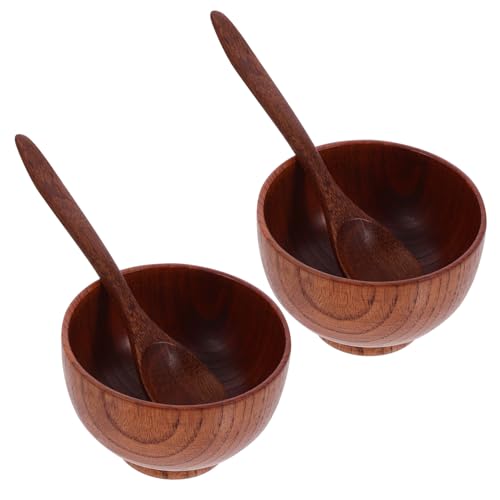 Happyyami Holzschüssel mit Löffel Runde Servierschale aus Natürlichem Holz Stabile Schüssel für Suppe Reis Salat Obst Snack Japanisches Essgeschirr von Happyyami