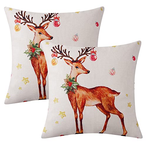 Weihnachten Kissenbezüge Weihnachtsdekorationen Kissenhülle 2er Set Leinen Look Kissenbezug 45x45cm, Weihnachtshirsch Kissenbezug für Feiertag Deko Überwurf-Kissenbezug für Sofa Heimdekoration von Hapterouse