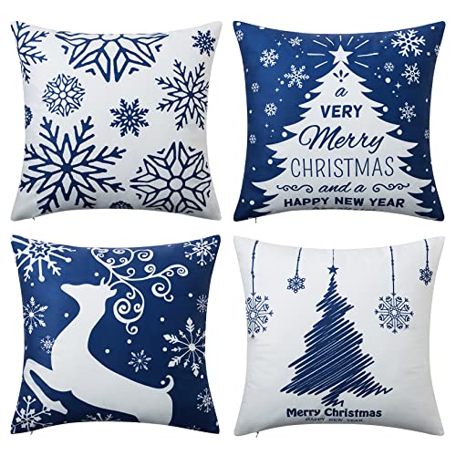 Weihnachten Kissenbezüge Samt Kissenhülle für Schlafzimmer Sofa Couch Kissenbezug zum Weihnachten,Kissenbezug mit Hirsch Schneeflocke Druck Kissenbezüge für Weihnachten,4 Stücke 45x45cm,Blau von Hapterouse