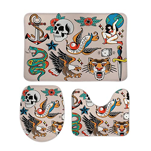 Badezimmerteppich-Set, 3-teilig, mit WC-Abdeckung, traditionelles Tattoo-Badteppich-Set, Konturteppich, waschbar, rutschfest, Anti-Ermüdung, weich, saugfähig, Matten für Badezimmerboden von Hapuxt
