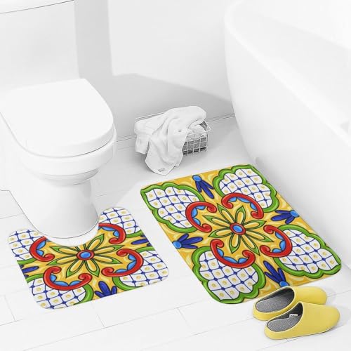 Hapuxt Badvorleger-Set, mexikanische Talavera, ethnische Blumen, Gelb, rutschfest, Badezimmer-Kombination, inklusive U-förmiger Konturmatte, saugfähig, weich, klein, 2-teilig Hapuxt Badvorleger-Set, mexikanische Talavera, ethnische Blumen, Gelb, rutschfest, Badezimmer-Kombination, inklusive U-förmiger Konturmatte, saugfähig, weich, klein, 2-teilig von Hapuxt