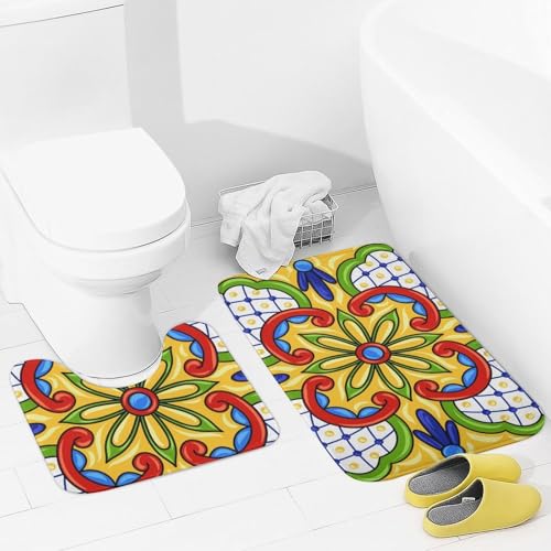 Hapuxt Badvorleger-Set, mexikanische Talavera-Blumen, Gelb, rutschfest, inkl. U-förmiger Konturmatte, saugfähig, weich, groß, 2-teilig von Hapuxt