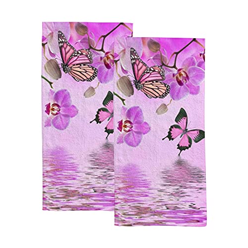 Hapuxt Handtücher, Gesichtshandtücher, Set mit 2 Blumen, tropischen Orchideen, Schmetterling, Lila, weich, bequem, Polyester-Mikrofaser, schnell wasserabsorbierend, Handtücher für Badezimmer und von Hapuxt