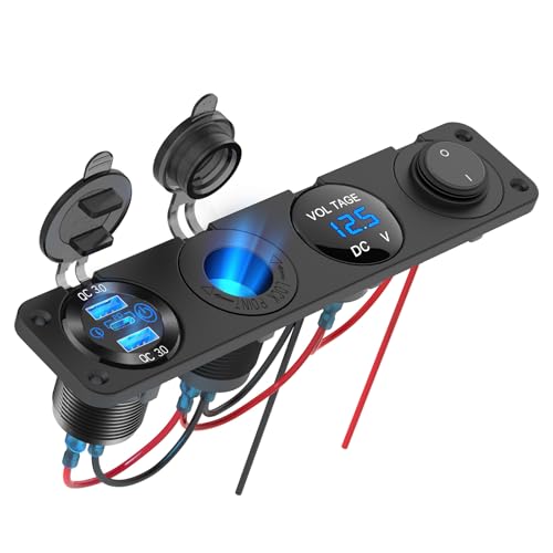 12V USB Steckdose RV-Zubehör Marine Schalttafel Stecker, Dual PD3.0 Auto USB Anschluss Aluminium Ladegerät, 150W Zigarettenanzünder-Steckdose, Blauer LED-Spannungsmesser und Kippschalter DIY-Bausatz von Hapytrip