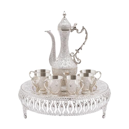 HarBin-Star Kaffeetassen Türkisch, Vintage Kaffeekannen Set mit 6 Tassen, Teetasse Royal Metall Teegläser Set, Teeservice Set für Home Coffee Tea Party (Weiß) von HarBin-Star